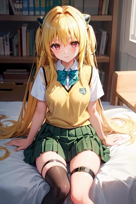 (masterpiece:1.6, best quality), (finely detailed beautiful eyes: 1.2), phyami, yamisch, 1girl, long hair, solo, school uniform, hair ornament, hair between eyes, two side up, blonde hair, very long hair, skirt, red eyes, thigh strap, sweater vest, plaid skirt, plaid, socks, two side up, hair ornament, pleated skirt, kneehighs, <lora:yami-1:0.9>,