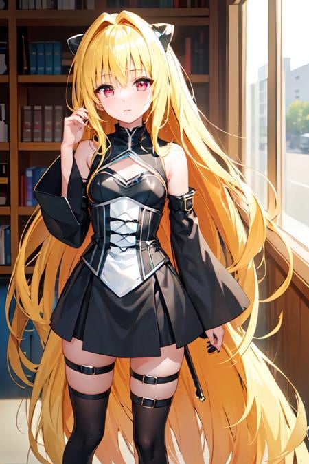(masterpiece:1.6, best quality), (finely detailed beautiful eyes: 1.2), phyami, yaminor, 1girl, solo, blonde hair, long hair,  red eyes, thigh strap, very long hair, detached sleeves, black dress,  <lora:yami-v1:1.0>,
