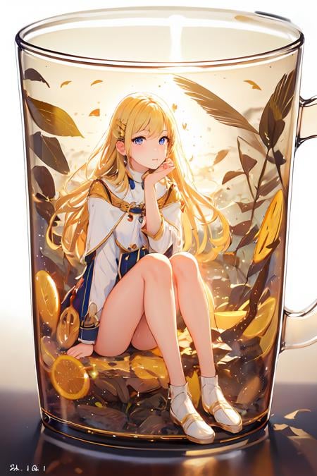 phgls, cup, in container, (masterpiece:1.6, best quality), (finely detailed beautiful eyes: 1.2), 1girl, solo, sitting, blonde hair, wings  <lora:bottle2-000026:1.0>