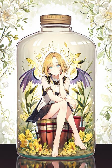 phgls, /bottle, in container, (masterpiece:1.6, best quality), (finely detailed beautiful eyes: 1.2), 1girl, solo, sitting, blonde hair, wings  <lora:bottle2-000026:1.0>