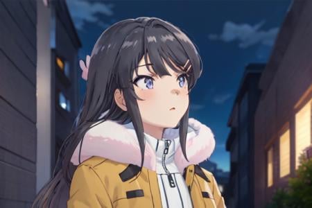 best quality, masterpiece, ph mai, maihd, 1girl, outdoors, night, solo focus, coat, blurry, tree, sky, fur trim, upper body, looking away, looking to the side, blurry background, lamppost, closed mouth, night sky, 1boy, depth of field, blush, jacket, cloud, winter clothes<lora:Mai_1-000005:0.8>