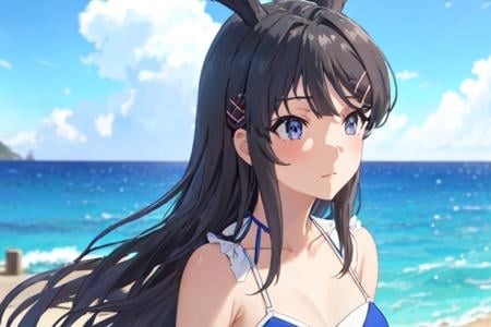 best quality, masterpiece, rabbit hair ornament,  ph mai, maihd, 1girl, solo, bikini, ocean, sky, upper body, blue sky, <lora:Mai_1-000005:0.8>