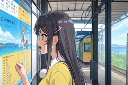 best quality, masterpiece, ph mai, maihd, rabbit hair ornament, 1girl, solo, calendar (medium), train station, calendar (object), open mouth, anime coloring, photo background, from side, fake screenshot, yellow shirt, profile, shirt, upper body<lora:Mai_1-000005:0.8>