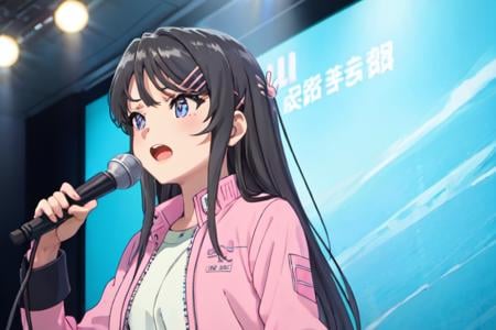 best quality, masterpiece, ph mai, maihd, 1girl, microphone, solo, open mouth, upper body, shirt, holding, singing, holding microphone, white shirt, music, pink jacket, jacket, collared shirt, indoors, karaoke<lora:Mai_1-000005:0.8>