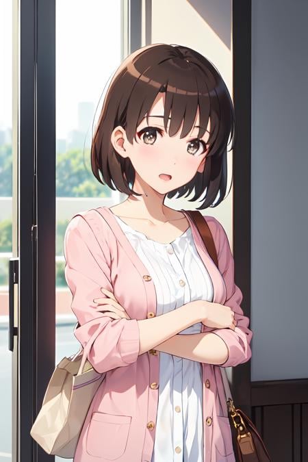 (masterpiece:1.6, best quality), (finely detailed beautiful eyes: 1.2),  ph_katou, katouhdlong, katouhd, 1girl, solo, brown hair, short hair, brown eyes, bag, open mouth, handbag, bangs, shoulder bag, blush, pink jacket,<lora:Katou_Megumi_FB_64:1>