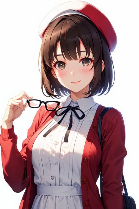 (masterpiece:1.6, best quality), (finely detailed beautiful eyes: 1.2),  ph_katou, katouhdlong, katouhd, 1girl, solo, holding eyewear, hat, eyewear removed, dress, brown hair, bangs, holding, short hair, simple background, glasses, jacket, white background, open jacket, smile, white headwear, brown eyes, open clothes, blush, white dress, red jacket, ribbon, long sleeves, standing, closed mouth, beret, bow, neck ribbon, breasts, black ribbon, buttons, medium breasts, black-framed eyewear, short dress, backlighting, wing collar, manka<lora:Katou_Megumi_FB_64:1>