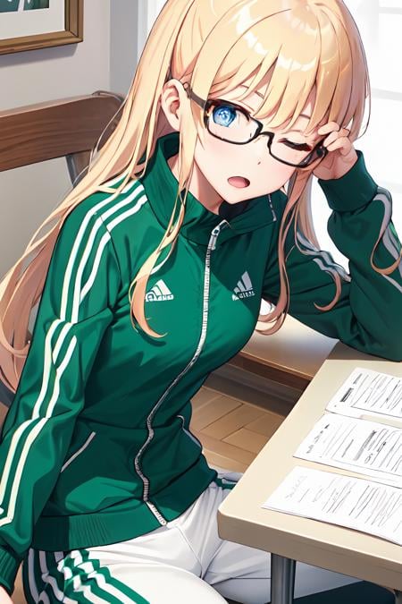 ph_eriri, 1girl, long hair, blonde hair, blue eyes, glasses, jacket, track jacket, green jacket, sawamura spencer eriri, black-framed eyewear, solo, bangs, open mouth, sitting, long sleeves, track suit, pants, very long hair, straight hair, arms up, one eye closed, (masterpiece:1.6, best quality), (finely detailed beautiful eyes: 1.2), <lora:eriri_v1.1_FB:1>