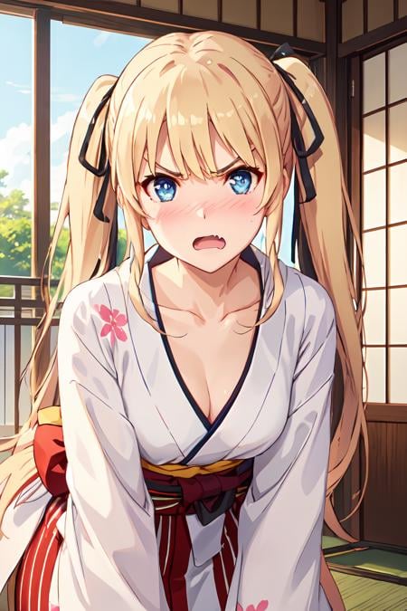 ph_eriri, sawamura spencer eriri, 1girl, solo, twintails, blonde hair, blush, open mouth, long hair, fang, hair ribbon, blue eyes, black ribbon, striped, japanese clothes, looking at viewer, sidelocks, collarbone, bangs, kimono, angry, indoss, yukata, nose blush, v-shaped eyebrows, long sleeves, embarrassed, sash, leaning forward, d:, (masterpiece:1.6, best quality), (finely detailed beautiful eyes: 1.2),  <lora:eriri_v1.1_FB:0.8>