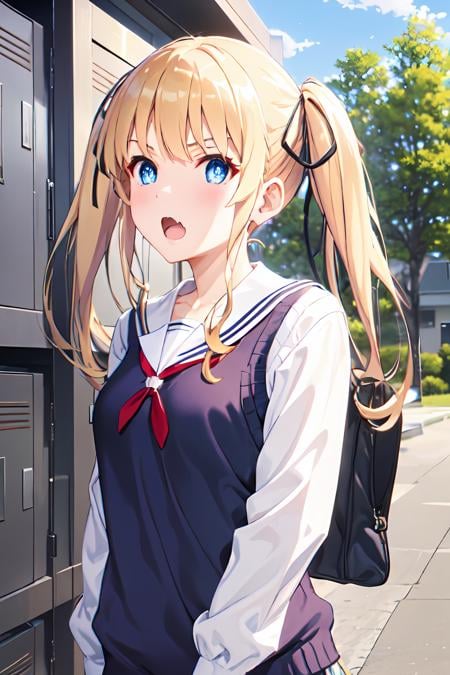 ph_eriri, sawamura spencer eriri, 1girl, blonde hair, blue eyes, school uniform, twintails, solo, fang, long hair, open mouth, hair ribbon, locker, anime coloring, parody, serafuku, blush, upper body, bangs, sweater vest, black ribbon, cloudy sky, sky, trees, full body,, (masterpiece:1.6, best quality), (finely detailed beautiful eyes: 1.2),  <lora:eriri_v1.1_FB:1>