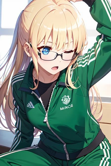 ph_eriri, 1girl, long hair, blonde hair, blue eyes, glasses, jacket, track jacket, green jacket, sawamura spencer eriri, black-framed eyewear, solo, bangs, open mouth, sitting, long sleeves, track suit, pants, very long hair, straight hair, arms up, one eye closed, (masterpiece:1.6, best quality), (finely detailed beautiful eyes: 1.2),, (masterpiece:1.6, best quality), (finely detailed beautiful eyes: 1.2),  <lora:eriri_v1.1_FB:1>