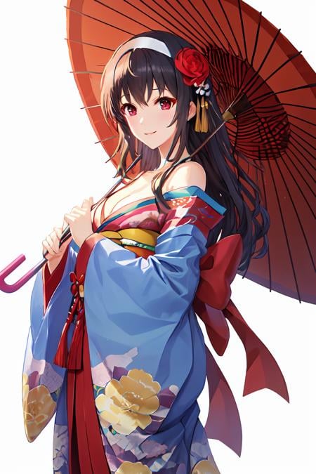 best quality, masterpiece,  ph utaha, 1girl, solo, umbrella, japanese clothes, long hair, kimono, red eyes, black hair, hair ornament, white background, hairband, oil-paper umbrella, simple background, breasts, flower, hair flower, floral print, cleavage, geta, standing, smile, bag, ribbon, sandals, wide sleeves, hair ribbon, sash, medium breasts, off shoulder, holding umbrella, obi, bare shoulders, platform footwear<lora:Utaha_FB:0.9>