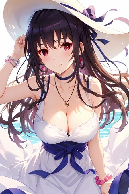 best quality, masterpiece,  ph utaha, 1girl, solo, hat, jewelry, long hair, dress, smile, wrist scrunchie, breasts, sun hat, necklace, choker, white background, simple background, red eyes, scrunchie, white headwear, cleavage, black hair, white dress, sleeveless, ribbon, blush, hands on headwear, pendant, medium breasts, sleeveless dress, purple hair, brown eyes, collarbone, large breasts, bare shoulders, bangs<lora:Utaha_FB:0.9>