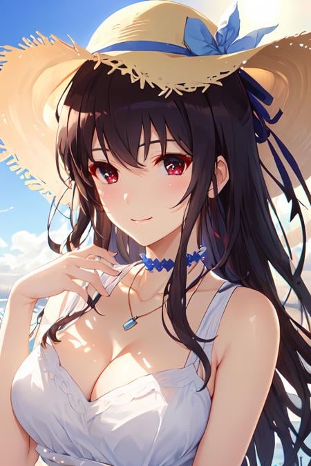 best quality, masterpiece,  ph utaha, 1girl, solo, hat, jewelry, long hair, dress, smile, wrist scrunchie, breasts, sun hat, necklace, choker, white background, simple background, red eyes, scrunchie, white headwear, cleavage, black hair, white dress, sleeveless, ribbon, blush, hands on headwear, pendant, medium breasts, sleeveless dress, purple hair, brown eyes, collarbone, large breasts, bare shoulders, bangs, (masterpiece:1.2, best quality), (finely detailed beautiful eyes: 1.2), (extremely detailed CG unity 8k wallpaper, masterpiece, best quality, ultra-detailed, best shadow), (detailed background), (beautiful detailed face, beautiful detailed eyes), High contrast, (best illumination, an extremely delicate and beautiful),((colourful paint splashes on transparent background, dulux,))<lora:Utaha_FB:0.9>