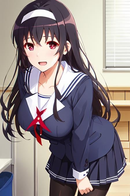 best quality, masterpiece, ph utaha, 1girl, long hair, solo, blue school uniform, hairband, black hair, skirt, black pantyhose, red eyes, smile, open mouth, leaning forward, arms behind back, pleated skirt, black serafuku, bangs, book, breasts, blush, long sleeves<lora:Utaha_FB:1>