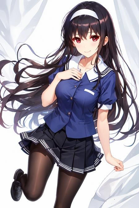 best quality, masterpiece,  ph utaha, 1girl, solo, long hair, employee uniform, hairband, skirt, uniform, name tag, black pantyhose, red eyes, black hair, shoes, simple background, pleated skirt, white background, loafers, smile, short sleeves, black footwear, bangs, standing, blush, long legs, white hairband, breasts, hand on own chest<lora:Utaha_FB:0.9>