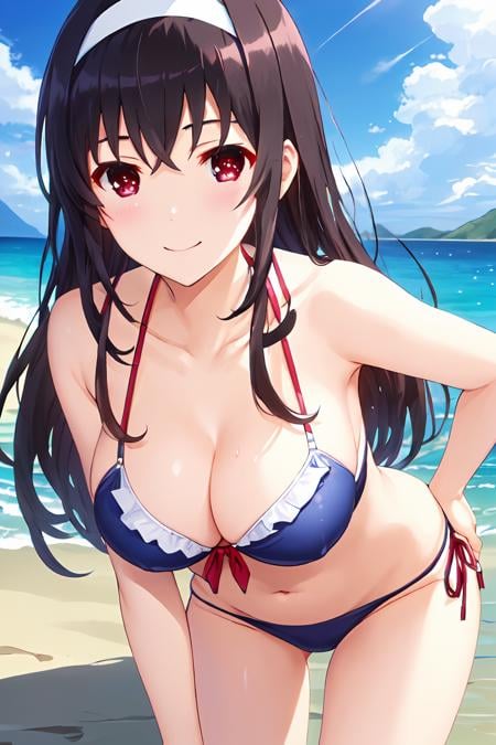 best quality, masterpiece, ph utaha, 1girl, long hair, solo,  hairband, black hair, red eyes, smile, leaning forward, arms behind back,  bangs, book, breasts, blush, bikini, ocean, sky, wave<lora:Utaha_FB:0.9>