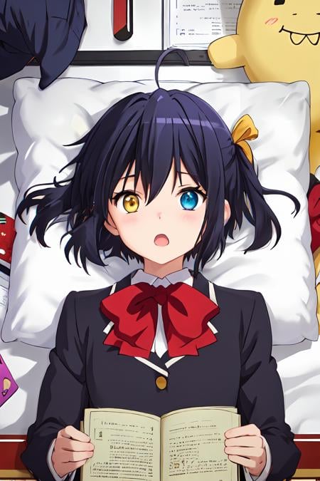 <lora:Rikka_FB:0.9>, ph rikka, icho private high school uniform, 1girl, heterochromia, school uniform, yellow eyes, lying, book, on back, eyepatch removed, solo, jacket, bow, blazer, red bow, bangs, open mouth, holding, plaid, bowtie, red bowtie, open book, :o, long sleeves, pillow, no eyepatch, yellow ribbon, holding book, black jacket, bed, bandages, upper body, purple hair, parted lips, parody, blush, indoors, shirt, blanket