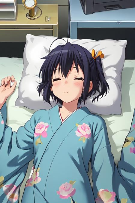 <lora:Rikka_FB:0.9>, ph rikka, 1girl, solo, closed eyes, sleeping, pillow, lying, bed, on back, anime coloring, futon, japanese clothes, eyepatch removed, no eyepatch, blanket, kimono, blush, upper body, pajamas