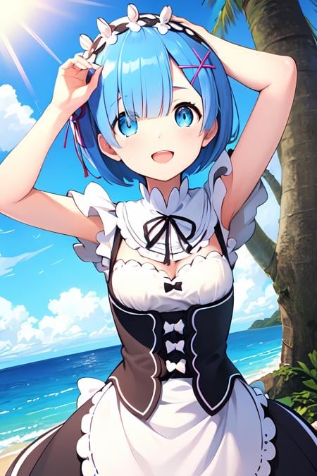 <lora:rem-t1-000006:0.8>, (masterpiece:1.6, best quality), (finely detailed beautiful eyes: 1.2), ph_rem, remhd, 1girl, blue hair, solo, blue eyes, x hair ornament,roswaal mansion maid uniform, maid, ocean,  bay, sunlight, trees, wave,  arms up