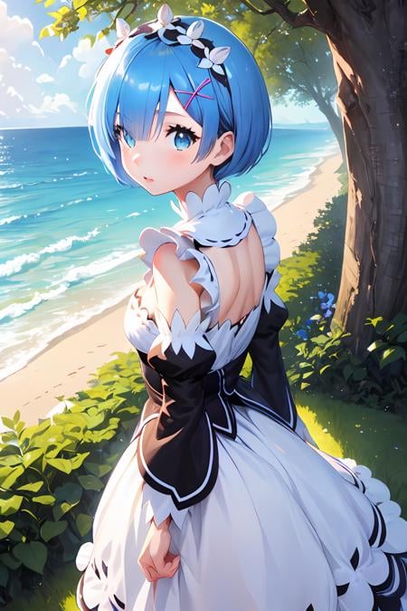 <lora:rem-t1-000006:0.8>, (masterpiece:1.6, best quality), (finely detailed beautiful eyes: 1.2), ph_rem, remhd, 1girl, blue hair, solo, blue eyes, x hair ornament,roswaal mansion maid uniform, maid, ocean,  bay, sunlight, trees, wave,, <lora:gachaSplashLORA_gachaSplashFarShot:0.5>