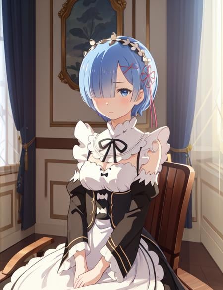 best quality, masterpiece, <lora:Rem-000009:0.9:MID>, phRem, 1girl, solo, roswaal mansion maid uniform, maid, maid headdress, closed mouth, indoors, parody, black ribbon, anime coloring, neck ribbon, frills, upper body, curtains, looking down, sad, full body, sitting, 