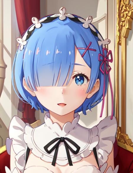 best quality, masterpiece, <lora:Rem_v2_FB:0.9:MID>, phRem, 1girl, solo, maid, looking at viewer, smile, roswaal mansion maid uniform, blush, anime coloring, open mouth, black ribbon, maid headdress, parody, portrait, parted lips, indoors, blue hair, blue eyes, short hair, maid, hair ornament, hair over one eye, x hair ornament, hair ribbon, pink ribbon