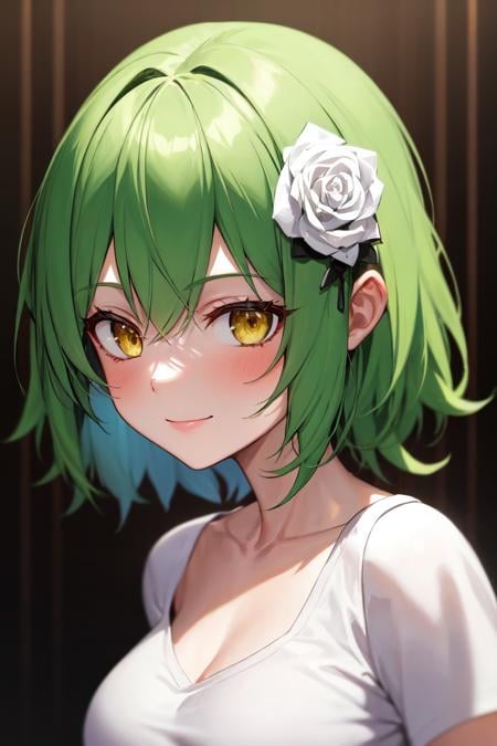 masterpiece, best quality, absurdres, perfect anatomy, 1girl, solo, green hair, medium hair, yellow eyes, smile, portrait, HairRose, white rose, t-shirt, <lora:HairRose:1>