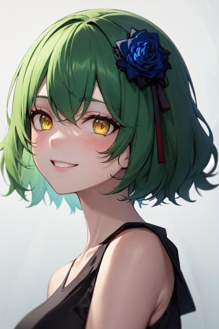 masterpiece, best quality, absurdres, perfect anatomy, 1girl, solo, green hair, medium hair, yellow eyes, smile, portrait, HairRose, blue rose, t-shirt, <lora:HairRose:1>