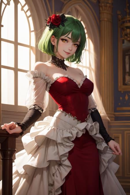 masterpiece, best quality, absurdres, perfect anatomy, 1girl, solo, green hair, medium hair, yellow eyes, smile, HairRose, red rose, elegant dress, princess, palace, indoors, standing, <lora:HairRose:1>