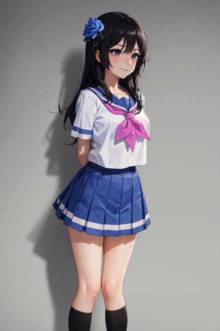 masterpiece, best quality, absurdres, perfect anatomy, 1girl, solo, KousakaSummer, long hair, white serafuku, short sleeves, pink neckerchief, blue skirt, black socks, kneehighs, loafers, HairRose, blue rose, smile, arms behind back, <lora:HairRose:1>