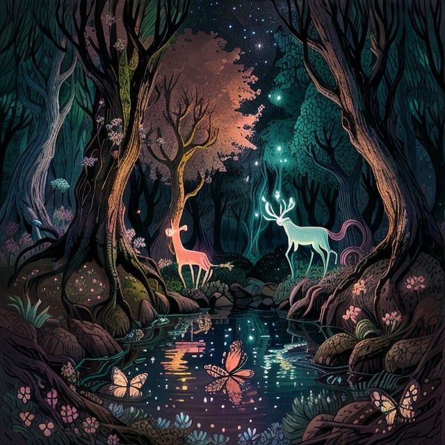 : A mesmerizing scene of a mystical forest at twilight, where vibrant bioluminescent plants and flowers illuminate the surroundings. The forest is filled with ethereal creatures, such as glowing butterflies and shimmering fairies, creating a sense of enchantment and wonder. The atmosphere is filled with a soft, magical glow, casting beautiful reflections on the tranquil lake in the center of the forest. The perspective is from a low angle, allowing the viewer to feel immersed in the whimsical world.