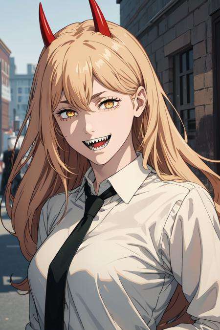 (best quality), (masterpiece), (solo), 1girl, power_csm, blonde hair, yellow eyes, cross-shaped pupils, symbol-shaped pupils, red horns, white buttoned shirt, blue jacket, black necktie, black pants, sharp teeth, grin, <lora:power_csm:0.7>, 