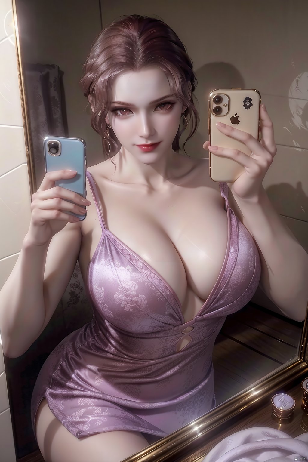  (masterpiece:1.3), (high resolution:1.3), (an extremely detailed 32k wallpaper:1.3), (best quality),Highest image quality, exquisite CG, high quality, high completion,(full body),((mature female,milf)),(looking at viewer),(seductive smile),(seductive face:1.3),(Blush:1.4),(shy:1.4),1girl,(earrings),(huge breasts:),busty,red lips,mirrorselfie,reflection, bathroom,holding phone,1 girl,purple dress,clothes,