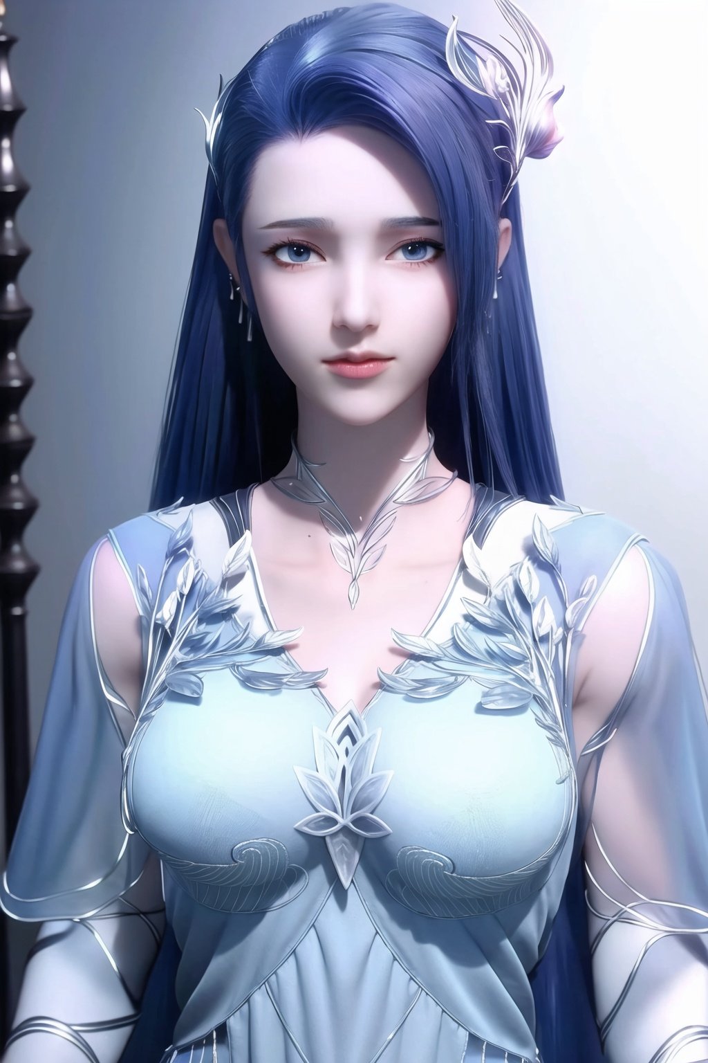 (8k, RAW photo, best quality, masterpiece:1.2),(realistic, photo-realistic:1.3), ultra-detailed, extremely detailed cg 8k wallpaper,(crystalstexture skin:1.2), (extremely delicate and beautiful),1girl, earrings, jewelry, solo, blue_hair, dress, long_hair, hair_ornament,(full shot) , (breasts, medium breasts, cleavage), looking_at_viewer, 