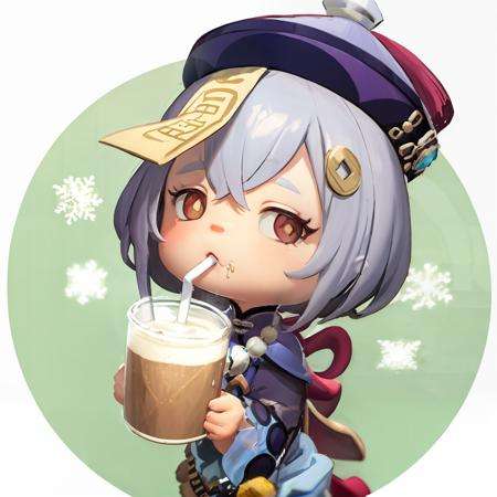 masterpiece, best quality,<lora:qiqi:1>,qiqi (genshin impact), 1girl, drinking straw, solo, hat, qing guanmao, coin hair ornament, hair ornament, jiangshi, purple hair, bead necklace, beads, drinking, ofuda, holding, snowflakes, necklace, purple eyes, bangs, jewelry, long sleeves, hair between eyes, looking at viewer, chibi, drink, long hair, sidelocks, coconut, drinking straw in mouth, milk carton, simple background, sparkling eyes, +_+, symbol-shaped pupils, wide sleeves, chinese clothes, juice box, talisman, can, bendy straw, white background, holding drink <lora:ach02-000010:1>,chibi