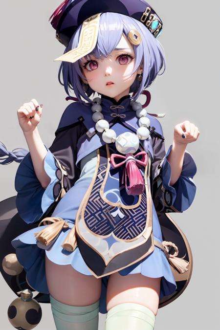 masterpiece, best quality,  <lora:qiqi:1>, qiqi (genshin impact),1girl,ofuda,jiangshi,qing guanmao,braid,blue hair,long hair,purple eyes,hair ornament,earrings, bead necklace, jewelry, long sleeves, wide sleeves,white thighhighs,  chinese clothes, shorts, bandaged leg, nail polish,grey background, simple background, 