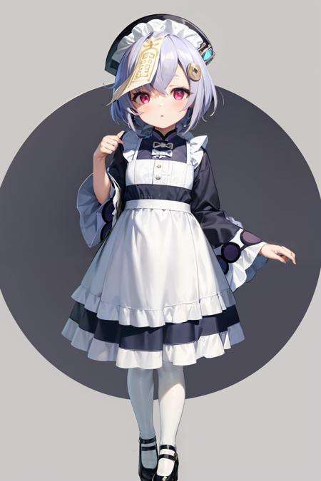 masterpiece, best quality,<lora:qiqi:1>,1girl, qiqi (genshin impact), solo, purple hair, alternate costume, ofuda, hair ornament, apron, maid, full body, purple eyes, simple background, jiangshi, long sleeves, coin hair ornament, ghost, maid headdress, shoes, maid apron, enmaided, bangs, pantyhose, standing, black footwear, mary janes, dress, sidelocks, hair between eyes, looking at viewer, white apron, pocket, wide sleeves, qing guanmao, short hair, grey background, white background, black dress, white pantyhose, braid, frills, long hair, necktie, closed mouth