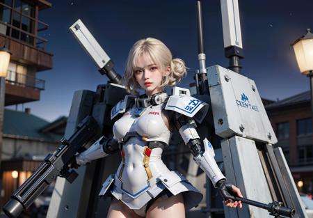 8K raw photo, Best quality, masterpiece,1girl,  realistic eye and face details, full lips,wave hair,knot,full body,fluffy short hair,looking at viewer, night,light,dark shadow,white mecha,robot,science fiction, weapon,gun,holding weapon, mecha girl,mecha arm, heavy machine,heavy mecha,<lora:mechagirl_v1a:1:1,1,1,1,1,0,0.2,0,0.8,1,1,0.2,0,0,0,0,0> <lora:taiwanDollLikeness_v20:0.6> <lora:细节add_detail:0.6>