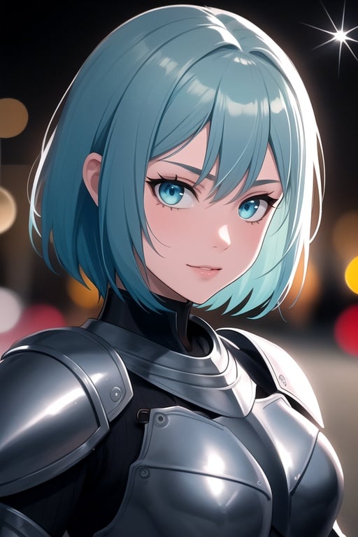 centered, upper body, award winning upper body portrait, (detailed face), (beautiful detailed eyes:1.2), | solo, knight woman, short hair, aqua hair color, light blue eyes, (black knight tight armor), symetrical and detailed armor, | fantasy town, medieval, european street, | bokeh, depht of field, | hyperealistic shadows, smooth detailed, blurred background,, <lora::0.5>