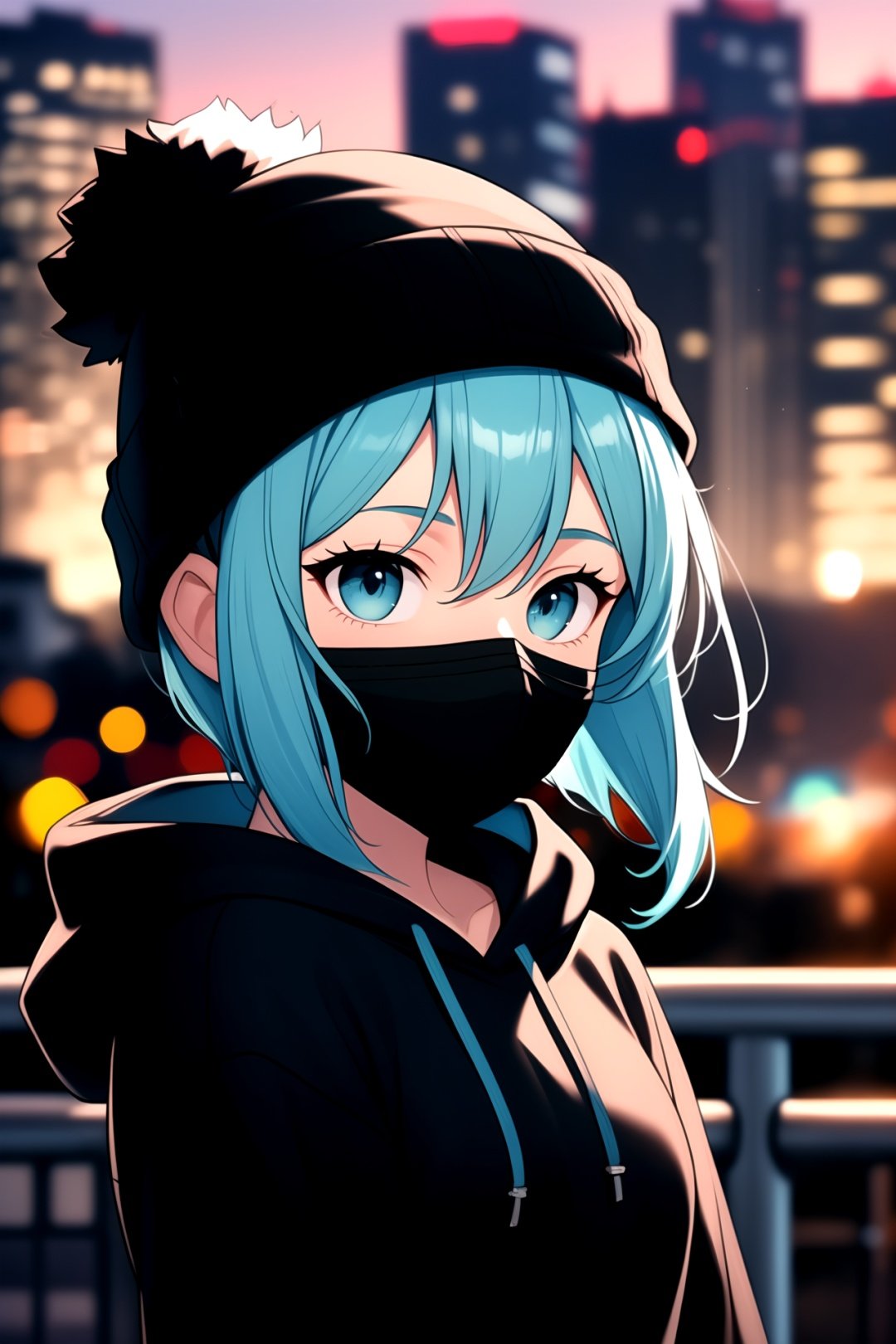 centered, masterpiece, face portrait, | 1girl, solo, aqua hair color, short hairstyle, light blue eyes, | (black mouth mask:1.2), (black beanie:1.2), dark blue hoodie, | city lights, sunset, buildings, urban scenery, | bokeh, depth of field,