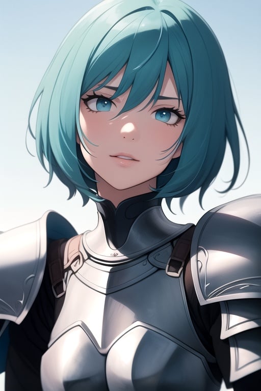 centered, upper body, award winning upper body portrait, (detailed face), (beautiful detailed eyes:1.2), | solo, knight woman, short hair, aqua hair color, light blue eyes, (black knight tight armor), symetrical and detailed armor, | fantasy town, medieval, european street, | bokeh, depht of field, | hyperealistic shadows, smooth detailed, blurred background,, <lora::0.5>