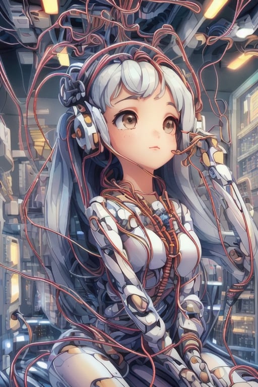 [buzimage](masterpiece), (best quality), (ultra-detailed), (highly detailed CG illustration), ((an extremely delicate and beautiful)),(cute delicate face),cinematic light,(1mechanical girl),solo,full body,(machine made joints:1.4),((mechanical vertebra attaching to back)),((mechanical cervial attaching to neck)),((sitting)),expressionless,(wires and cables attaching to head and body:1.5)