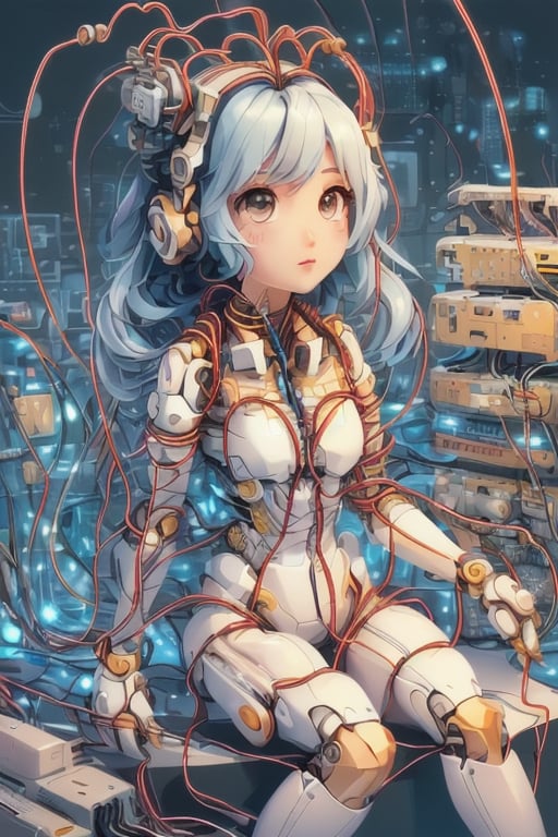 [buzimage](masterpiece), (best quality), (ultra-detailed), (highly detailed CG illustration), ((an extremely delicate and beautiful)),(cute delicate face),cinematic light,(1mechanical girl),solo,full body,(machine made joints:1.4),((mechanical vertebra attaching to back)),((mechanical cervial attaching to neck)),((sitting)),expressionless,(wires and cables attaching to head and body:1.5)
