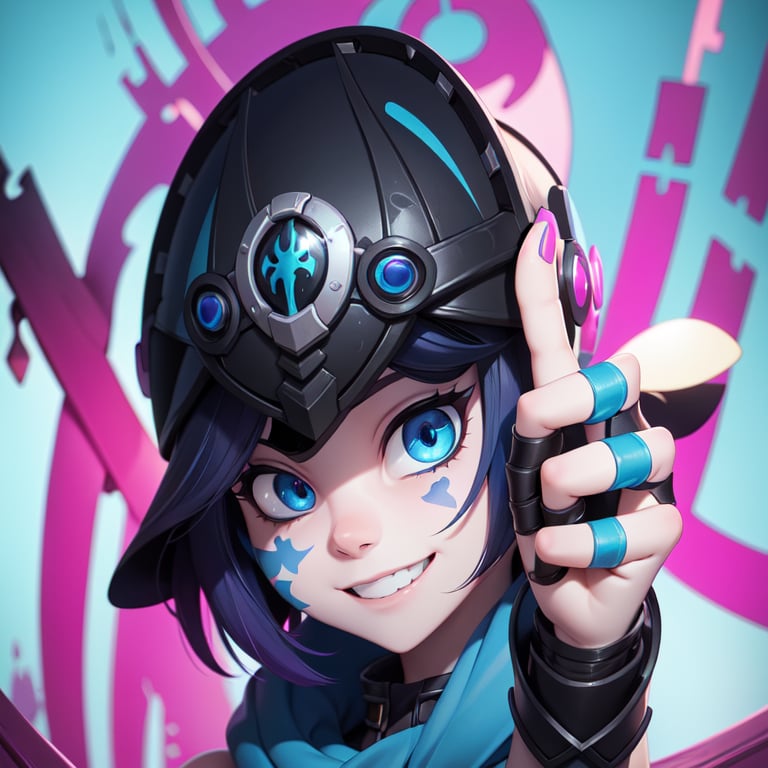 1 girl, ((jinx-arcane)), league of legends, 1 black-painted helmet, blue eyes, short-pixie hair, 5 medium fingers, dynamic pose, cute smile