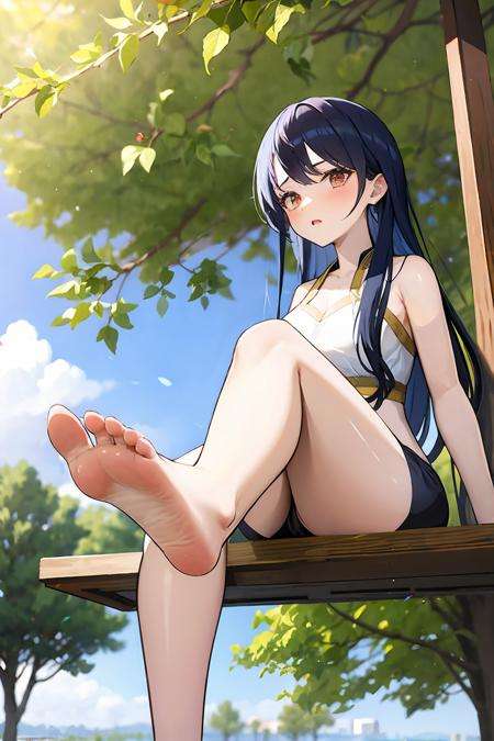 1girl,foot up,  <lora:foot-000008:0.7>   <lora:IshtarV2:0.8>outdoors, sitting, 