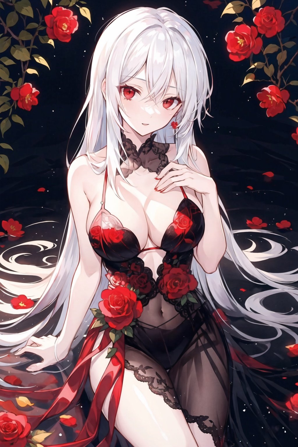 (mature:1.2),masterpiece,best quality,white hair,breasts,alternate costume,red eyes,high detail,Long Straight Hair,cleavage,flowers,<lora:A:1>,