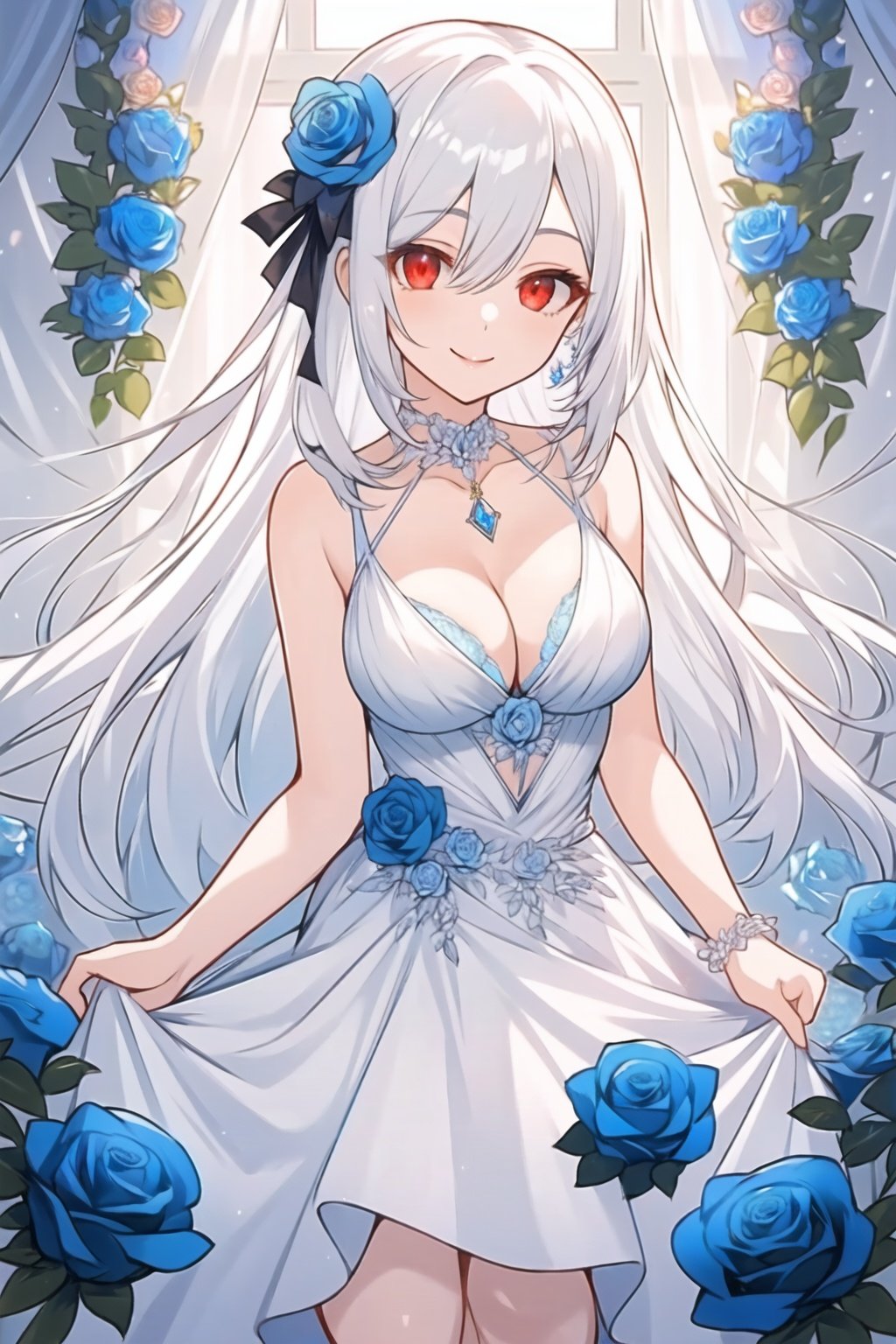 (mature:1.2),masterpiece,jewel like eyes,(looking at viewer:1.2),best quality,white hair,breasts,alternate costume,red eyes,high detail,Long Straight Hair,cleavage,flowers,(The dress was covered with blue roses:1.1),smile,<lora:A>,