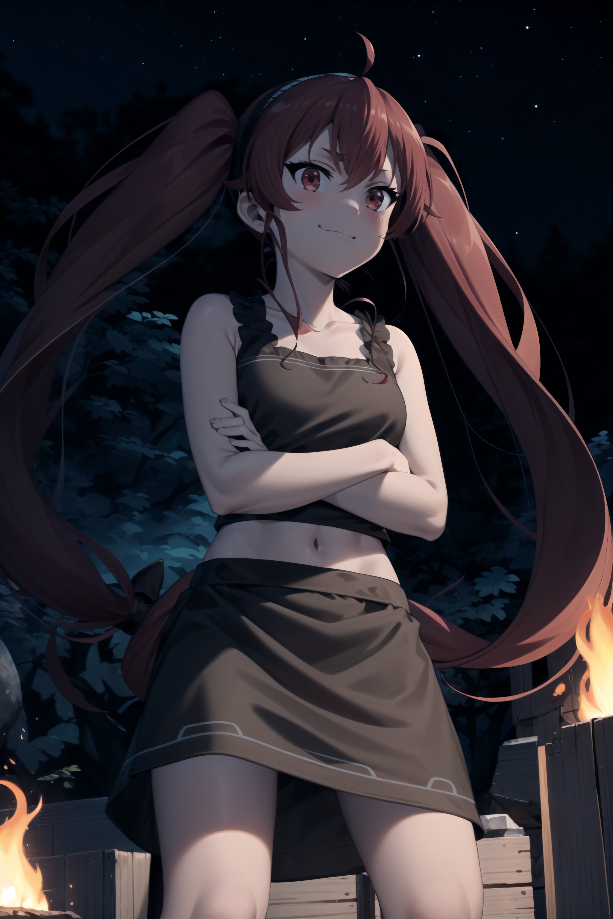 best quality, masterpiece, detailed,<lora:chara_MushokuTensei_ErisBoreasGreyrat:0.8>, eris boreas greyrat,closed mouth, smile, light blush,twintails, red hair, ahoge, red eyes, black hairband,collarbone, indian bra, indian skirt, brown bra, brown skirt, miniskirt,standing, (crossed arms:1.2), (from below, looking at the viewer, facing viewer:1.2), ,forest, (fire:1.2), (night:1.2), <lora:night-r:0.3>