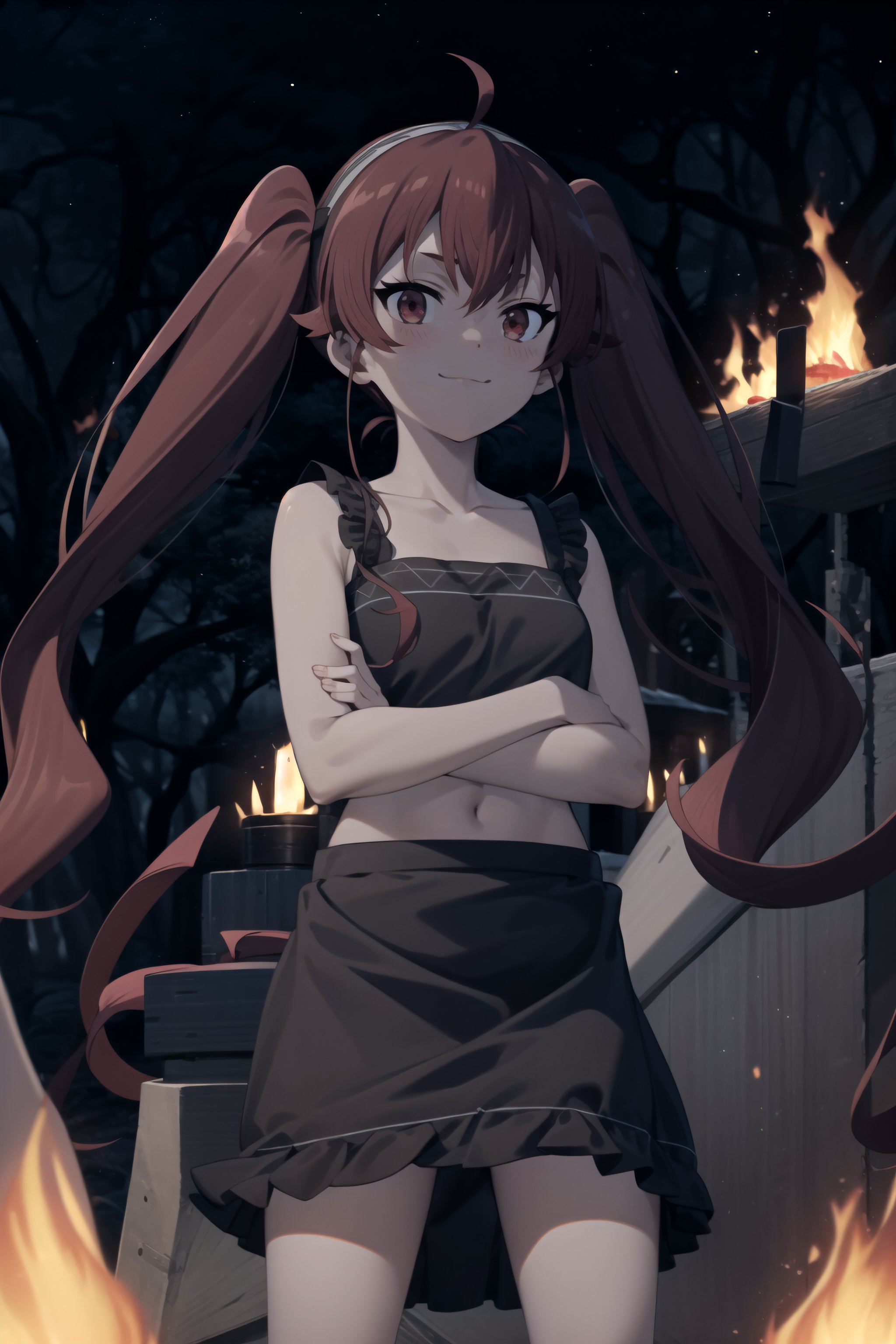 best quality, masterpiece, detailed,<lora:chara_MushokuTensei_ErisBoreasGreyrat:0.8>, eris boreas greyrat,closed mouth, light smile, light blush,twintails, red hair, ahoge, red eyes, black hairband,collarbone, indian bra, indian skirt, brown bra, brown skirt, miniskirt,standing, crossed arms, (facing viewer:1.2), looking at the viewer,forest, fire, night, <lora:night-r:0.3>