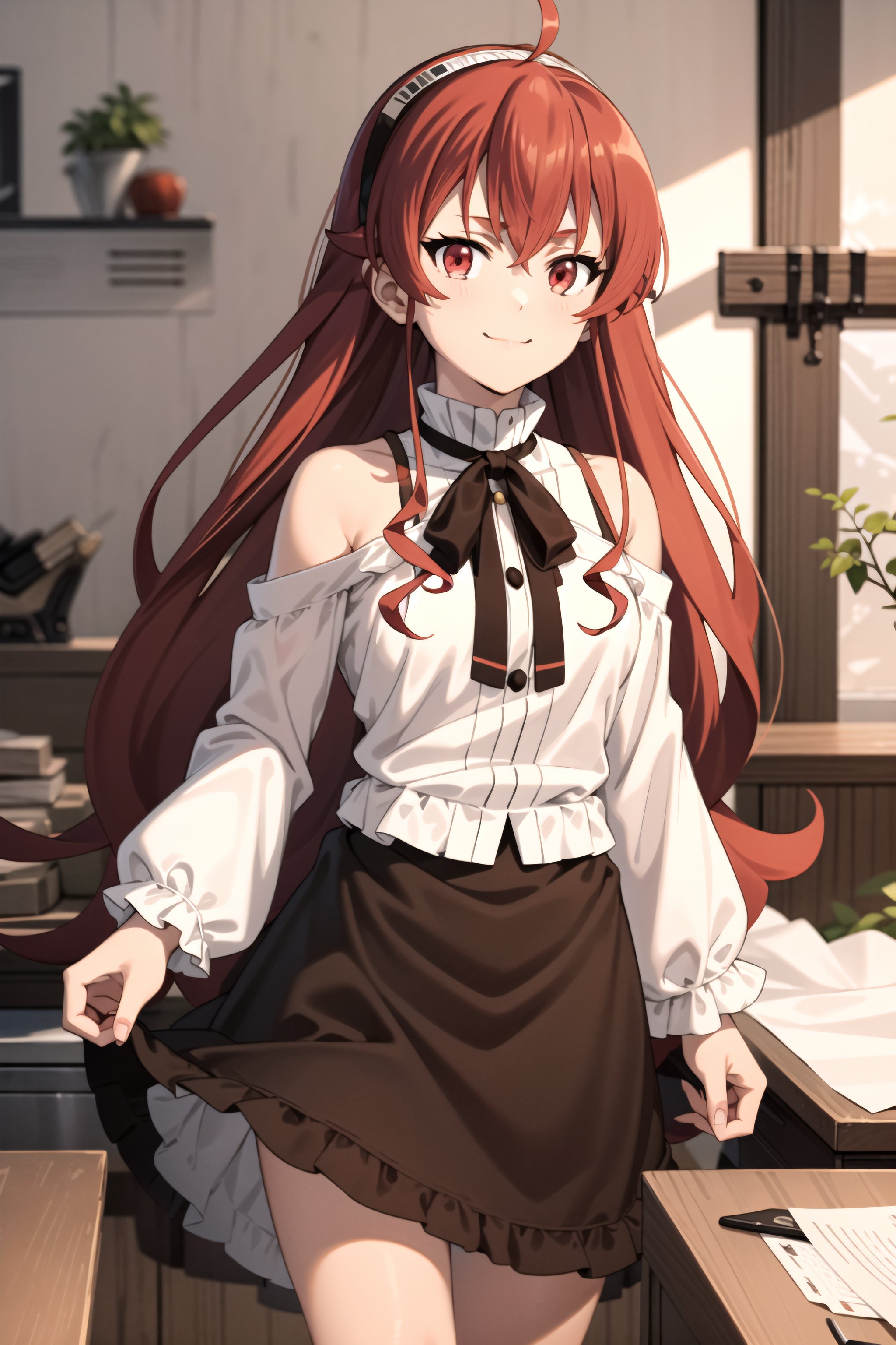 best quality, (masterpiece:1.2), detailed,<lora:chara_MushokuTensei_ErisBoreasGreyrat:0.8>, eris boreas greyrat,closed mouth, light smile,long hair, red hair, ahoge, red eyes, black hairband,white dress, bare shoulders, neck ribbon, black ribbon, brown skirt, long sleeves,standing, looking at the viewer,indoors, window